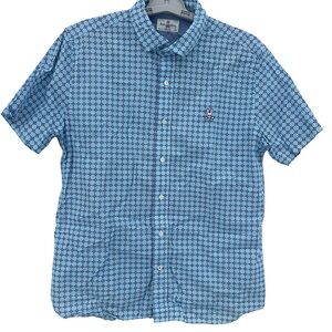 Psycho Bunny Men’s Large Button Up Shirt Geometric Print Short Sleeve Cotton EUC